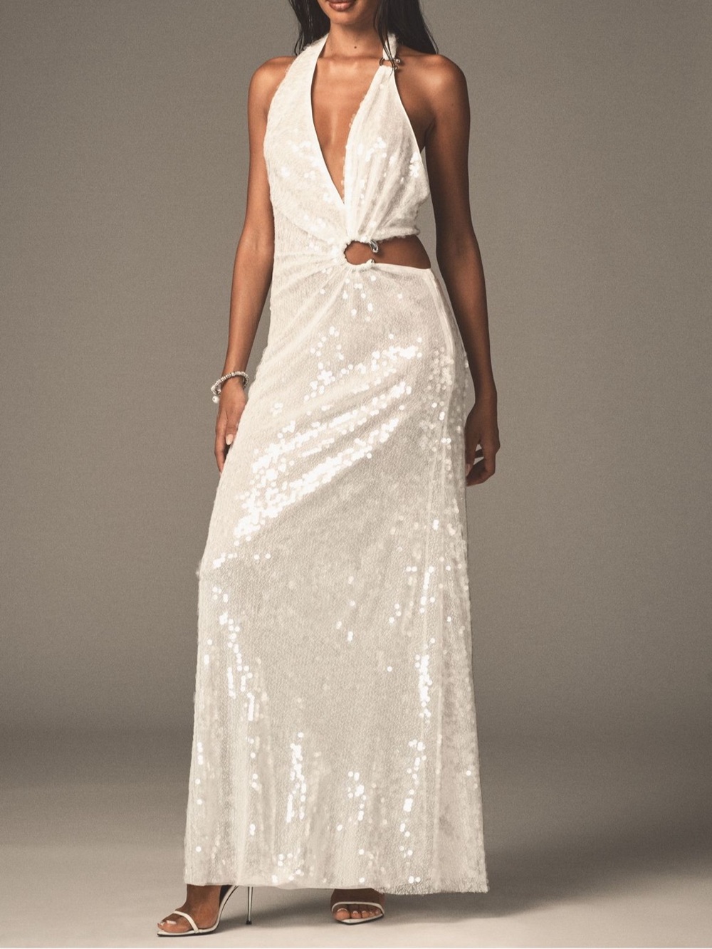 Sequin Halter Cutout Maxi Dress in White